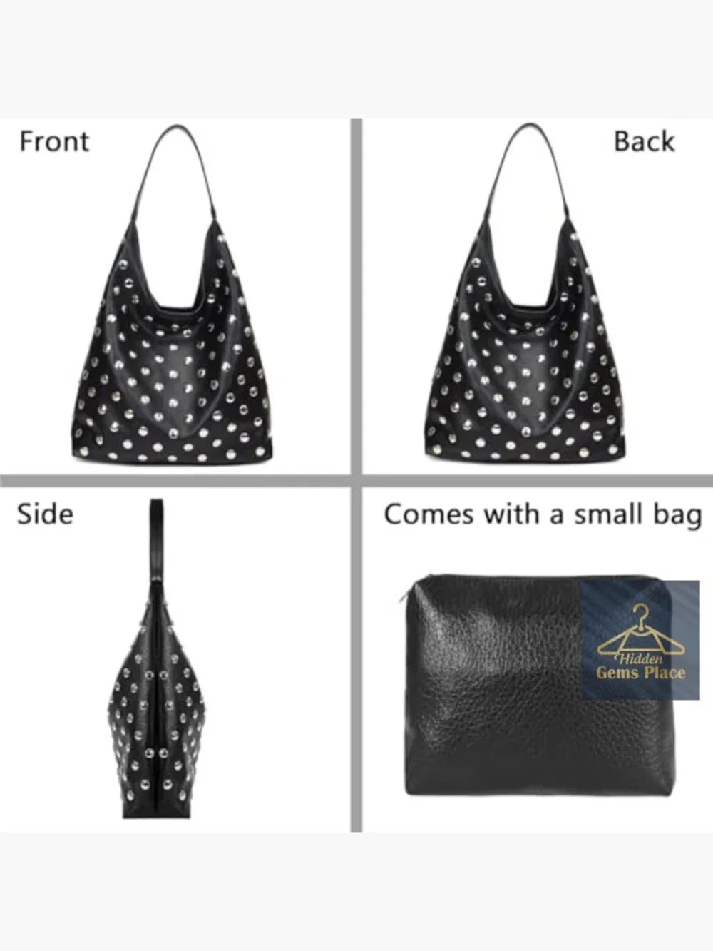 Studded Vegan Leather Hobo Tote Bag, Edgy Punk Slouchy Shoulder Handbag